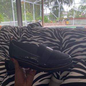 Black suede and patent loafers